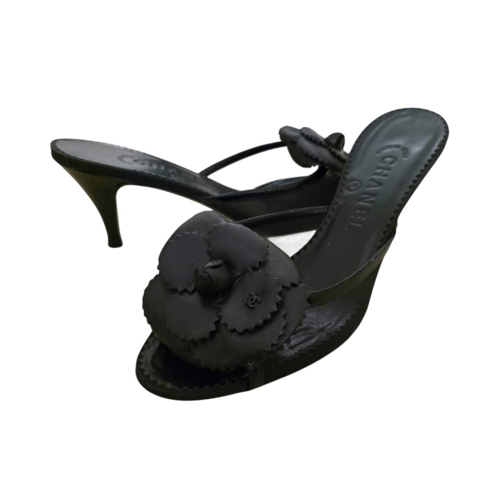 Chanel Vintage 2007 Camellia CC Logo Black Mesh Leather Mules IT 37 US 6.5 - Picture 12 of 12